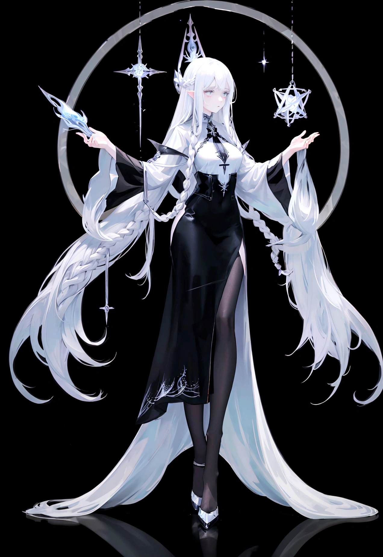 Character (adult woman) (white long hair) (white witch-style clothing) (character casting spell pose) (full body) (black background)