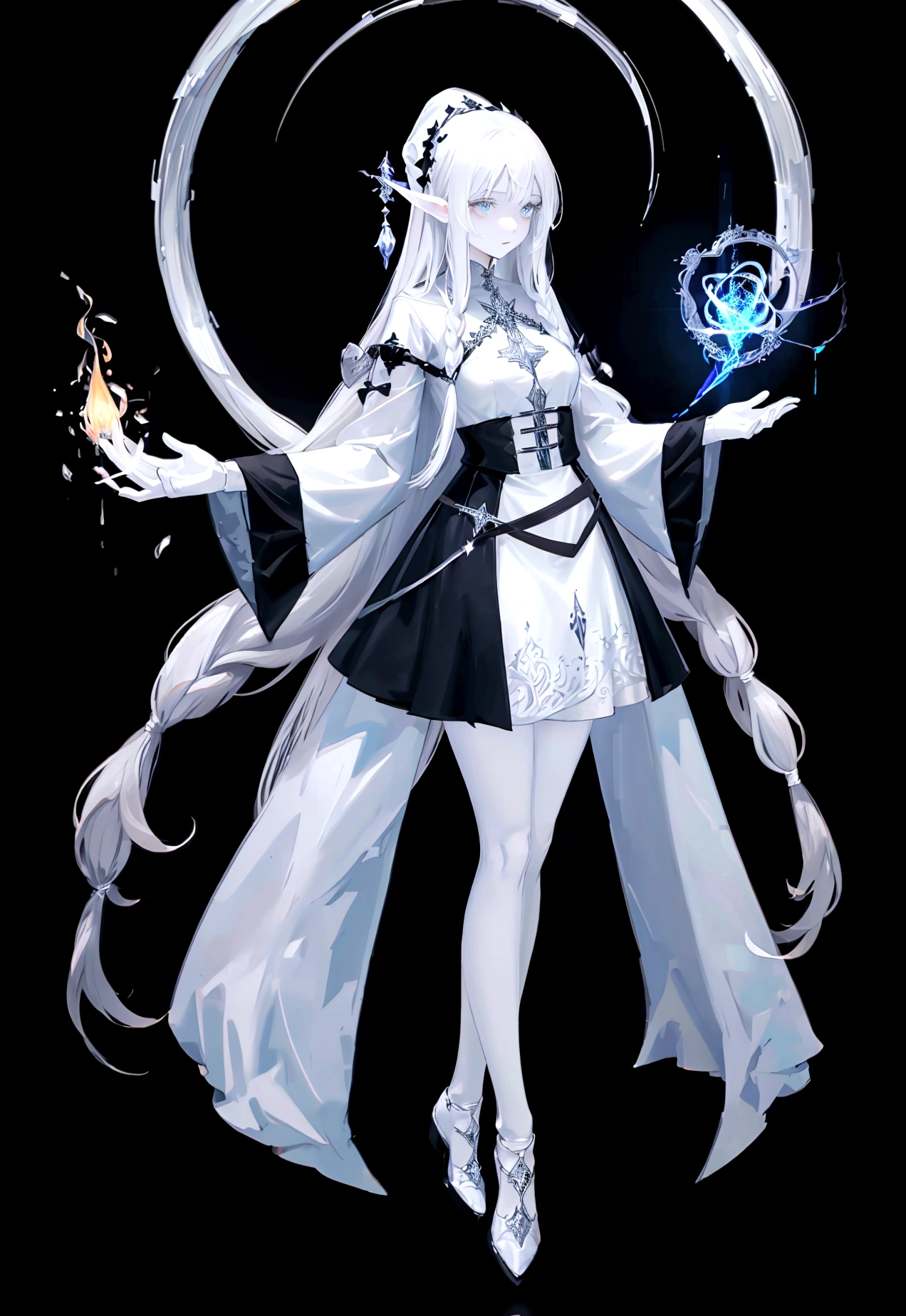 Character (adult woman) (white long hair) (white witch-style clothing) (character casting spell pose) (full body) (black background)
