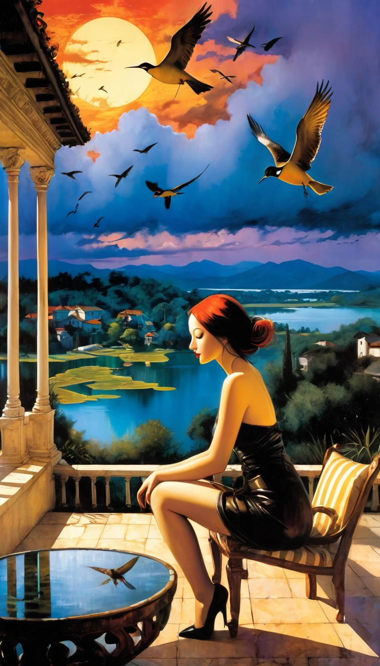large open terrace overlooking a beautiful lake with dream houses, a sexy girl relaxes on the terrace, landscape, clouds, birds, sunset (art inspired by Bill Sienkiewicz). oil painting) (best quality,4k,8k,highres,masterpiece:1.2),ultra-detailed,(realistic,photorealistic,photo-realistic:1.37),intricate details,vivid colors,sharp focus,professional,Dave McKean artwork, oil touch of surrealism,oil painting style