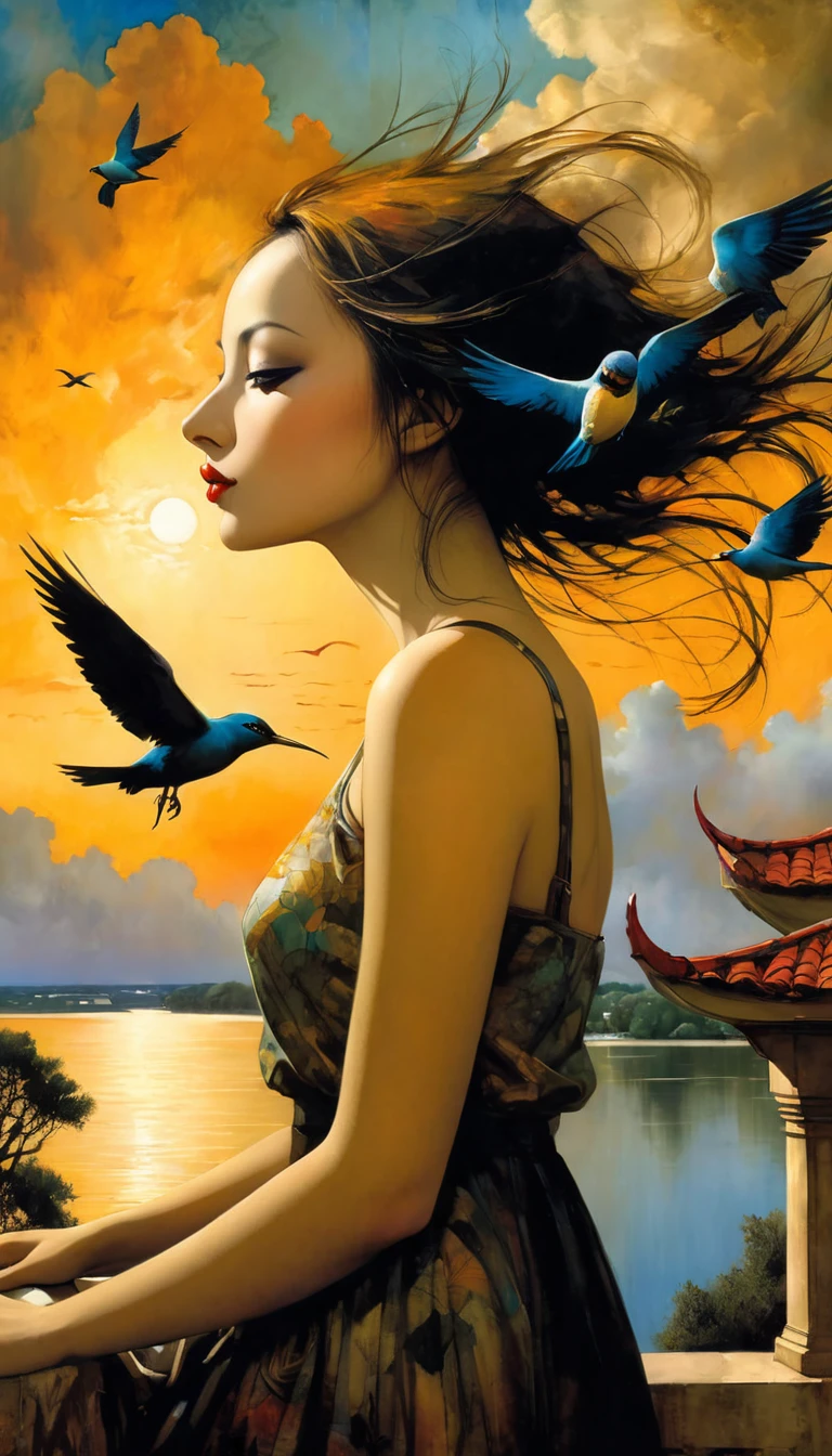 large open terrace overlooking a beautiful lake with dream houses, a sexy girl relaxes on the terrace, landscape, clouds, birds, sunset (art inspired by Bill Sienkiewicz). oil painting) (best quality,4k,8k,highres,masterpiece:1.2),ultra-detailed,(realistic,photorealistic,photo-realistic:1.37),intricate details,vivid colors,sharp focus,professional,Dave McKean artwork, oil touch of surrealism,oil painting style