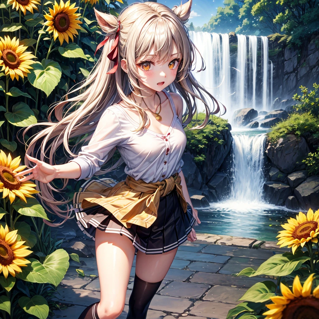 Red, brown, gold, gold hair、Golden Eyes、Hair tied up、One good looking girl、solo、anime、Checkered mini skirt、Ruffles on the skirt、camisole、Lightweight cardigan、school uniform、Black knee-high socks、Wearing a baseball cap、Ribbon、Ribbon on waist、Teeth are visible、Silver coin necklace、From above、Sunflower Tunnel、Cobblestones、waterfall、Have sunflowers、Starry Sky、Midnight Moon、Winding Road、Unlocking、suspension bridge、Soap bubbles are flying、mosquito、beam
