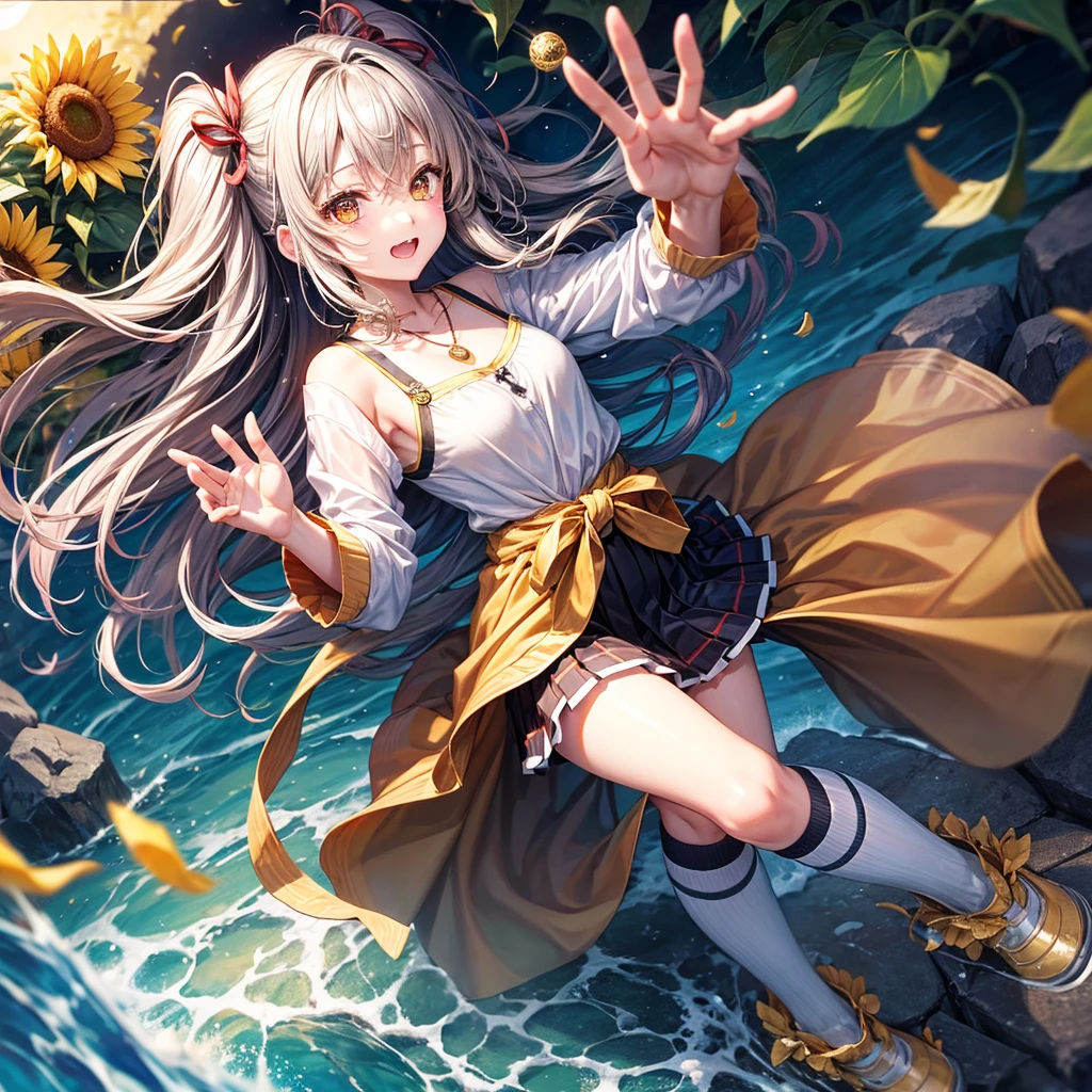 Red, brown, gold, gold hair、Golden Eyes、Hair tied up、One good looking girl、solo、anime、Checkered mini skirt、Ruffles on the skirt、camisole、Lightweight cardigan、school uniform、Black knee-high socks、Wearing a baseball cap、Ribbon、Ribbon on waist、Teeth are visible、Silver coin necklace、From above、Sunflower Tunnel、Cobblestones、waterfall、Have sunflowers、Starry Sky、Midnight Moon、Winding Road、Unlocking、suspension bridge、Soap bubbles are flying、mosquito、beam