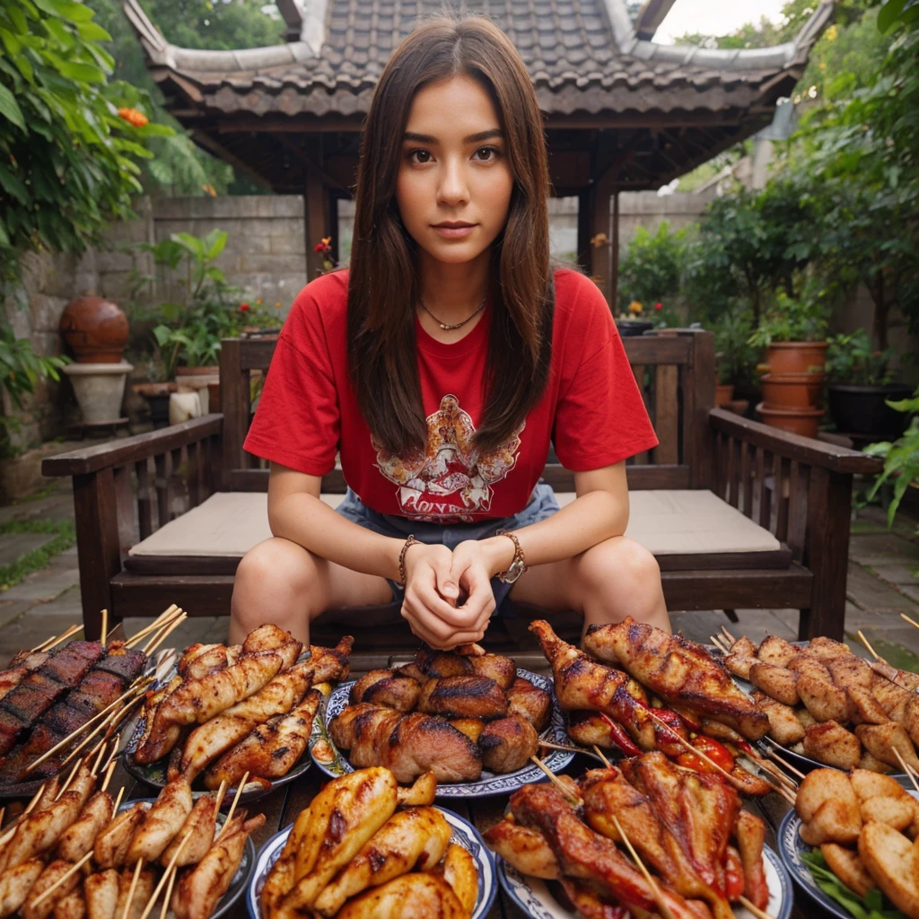 real potrait, Longshot, a woman with long hair wearing a red t-shirt, is eating food, live scene, in front of him there was a lot of food from grilled meat and grilled chicken, his mouth was eating food, The left hand holds the chicken thigh and the right hand the chicken thigh, a courtyard garden is the background, there is a gazebo behind it, daytime atmosphere, intricate details