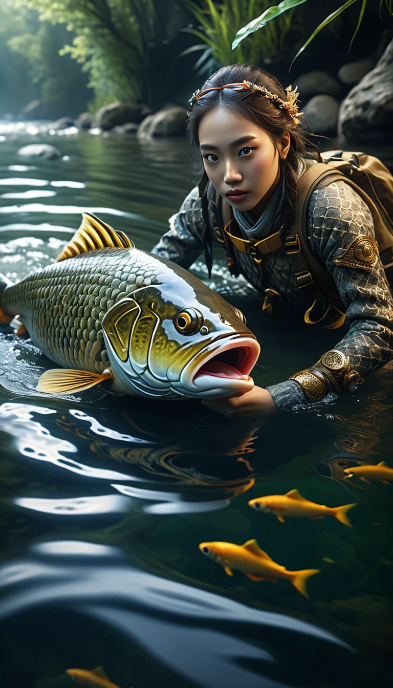 There is a creature in the river that has a human face and a fish body,Mysterious Creatures, (best quality,4K,8K,High level,masterpiece:1.2),Ultra Detailed,(lifelike,Photo real,Photo real:1.37),Highly detailed animals,Complex patterns,Realistic lighting,Fantasy Creatures