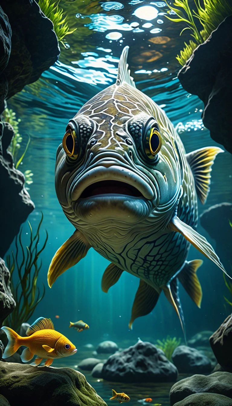 There is a creature in the river that has a human face and a fish body，Mysterious Creatures, (best quality，4K，8K，High level，masterpiece：1.2），Ultra Detailed，（lifelike，Photo real，Photo real：1.37），Highly detailed animals，Complex patterns，Realistic lighting，Fantasy Creatures