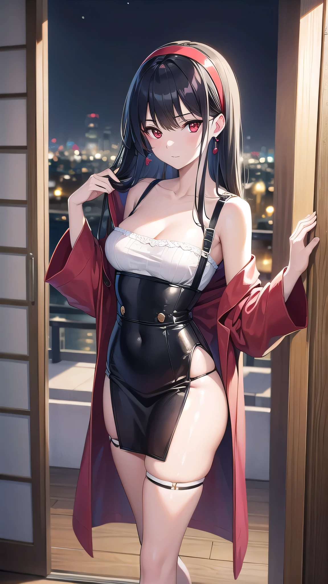 yorbriar, yor briar, black hair, (red eyes:1.5), earrings, gold hairband, hairband, long hair, sidelocks, (medium breasts:1.2), BREAK bare shoulders, collarbone, silk bathrobe,wet, thighs,stockings, stocking suspenders, BREAK outdoors,room,night, soft lights, BREAK looking at viewer, BREAK (masterpiece:1.2), best quality, high resolution, unity 8k wallpaper, (illustration:0.8), (beautiful detailed eyes:1.6), extremely detailed face, perfect lighting, extremely detailed CG, (perfect hands, perfect anatomy),full body shot,standing in room