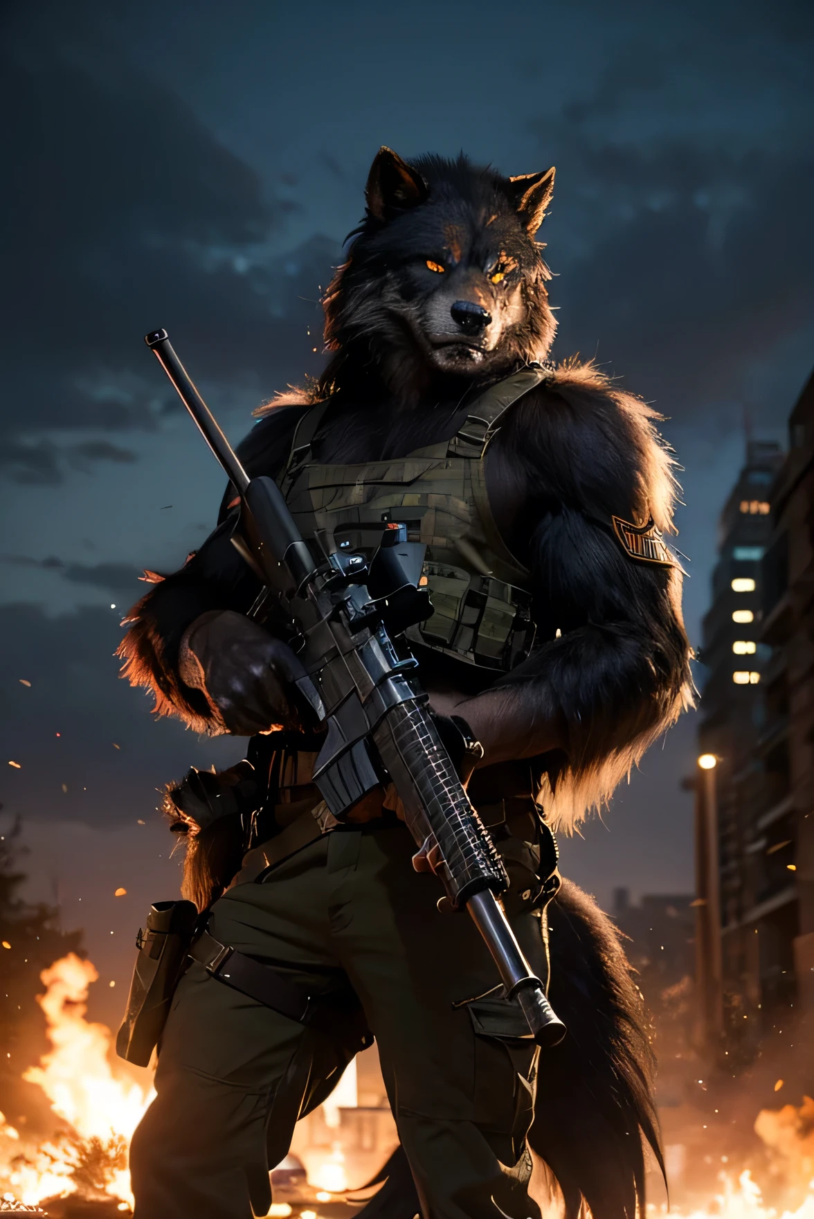 Beast werewolf warriors wearing military uniforms with rifles