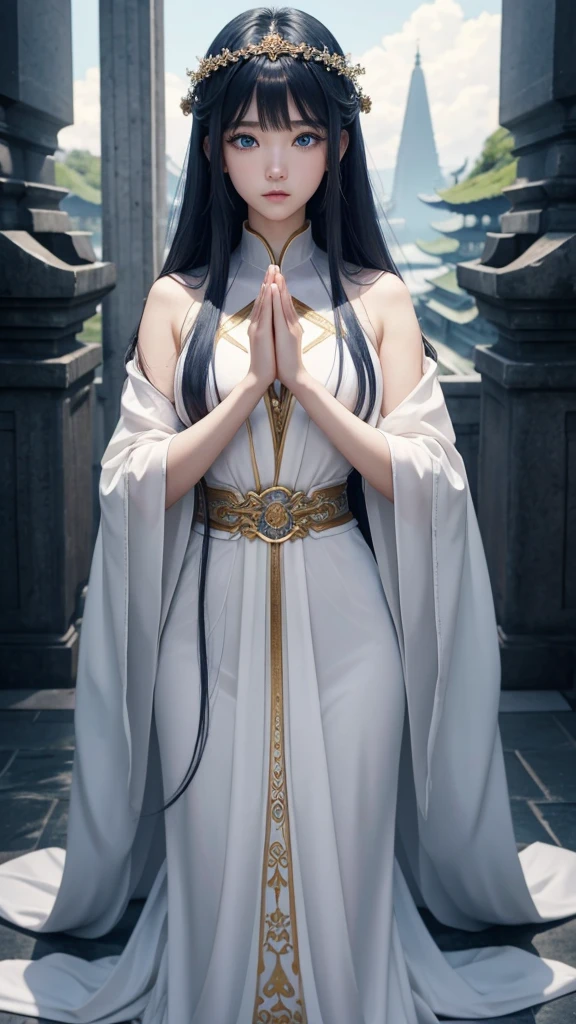 8K、Ultra HD、anime、（A very beautiful female character with beautiful features）、（（Beautiful clear blue eyes））、（（（The whole body is facing forward, looking at the camera）））、Beautiful long hair、Messy bangs、（（（Beautiful and well-proportioned depiction of the whole body）））、（A depiction of beautifully formed human limbs）、（（（Beautiful long thin fingers）））、（（（Prayer Pose）））、（（Wearing a pale, shining, mysterious outfit））、（（Goddess temple background））、（（（I&#39;m directing my gaze here）））、
