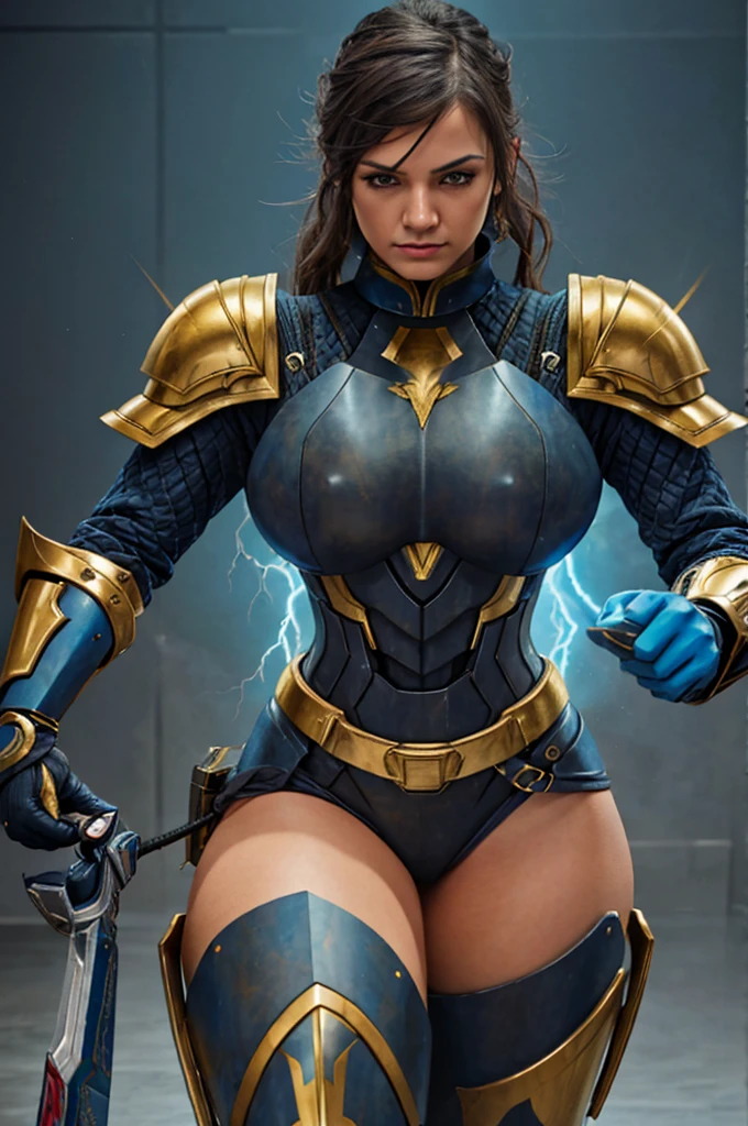 4K, work of art, high resolution, absurderes,, edgThunderstruck, a woman with a blue and gold armors ,usando edgThunderstruck_armors, electrified, heavy thunder,  