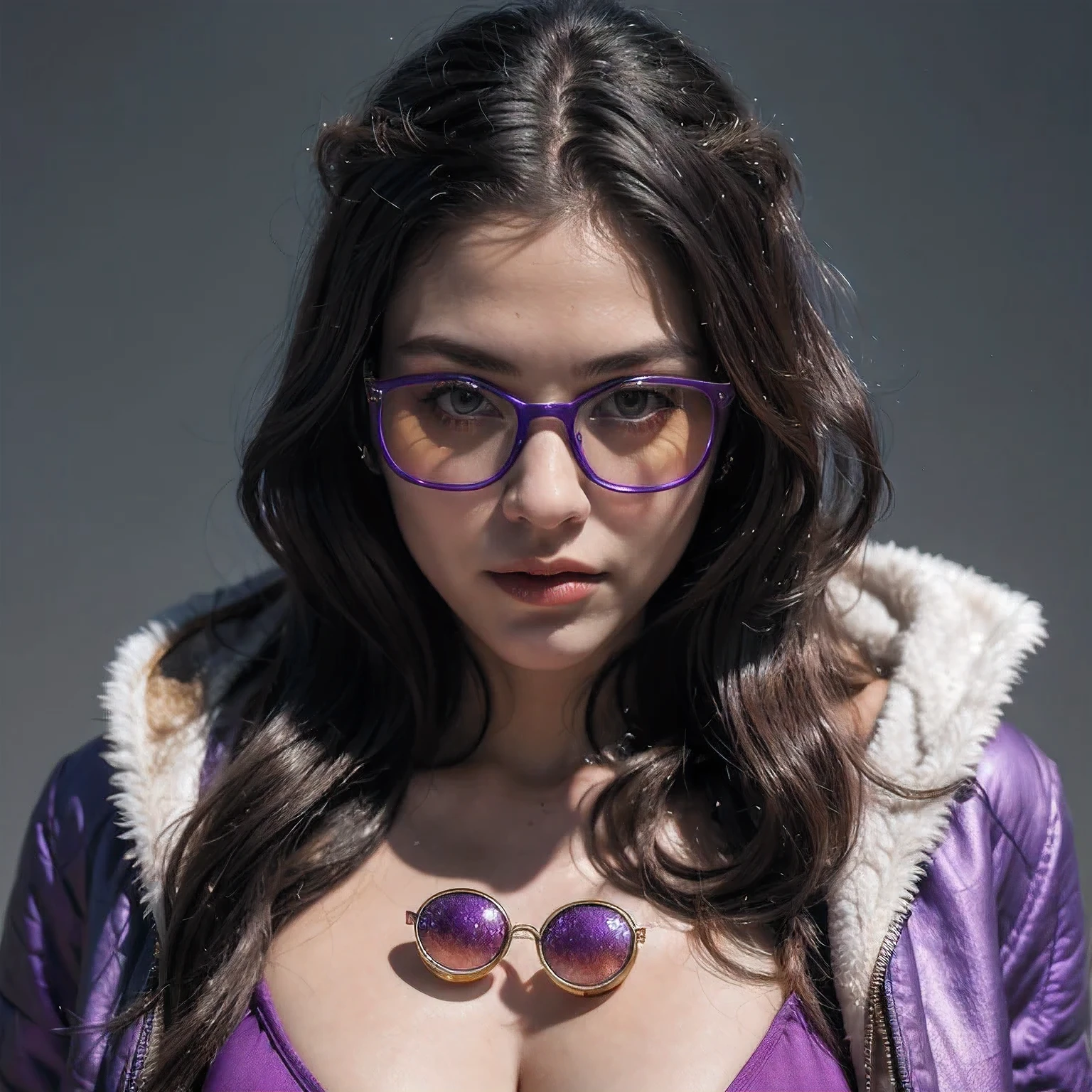 Purple Powder Queen, wear glasses
