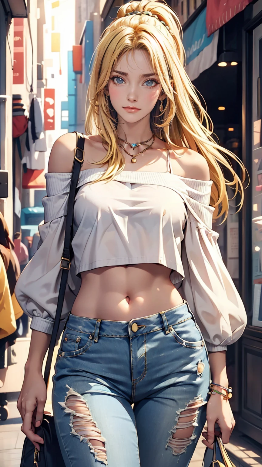 19-year-old Caucasian female、Blonde、Wear off-the-shoulder tops、I can see my belly button、Wear low rise skinny jeans、A teenager's room with cute accessories, a computer and houseplants、The wall color is pastel blue、guitar、smile