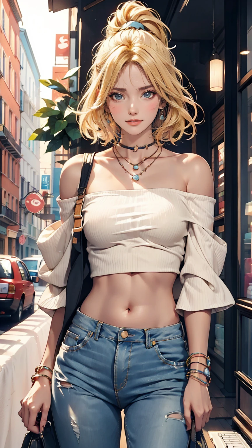 19-year-old Caucasian female、Blonde、Wear off-the-shoulder tops、I can see my belly button、Wear low rise skinny jeans、A teenager's room with cute accessories, a computer and houseplants、The wall color is pastel blue、guitar、smile