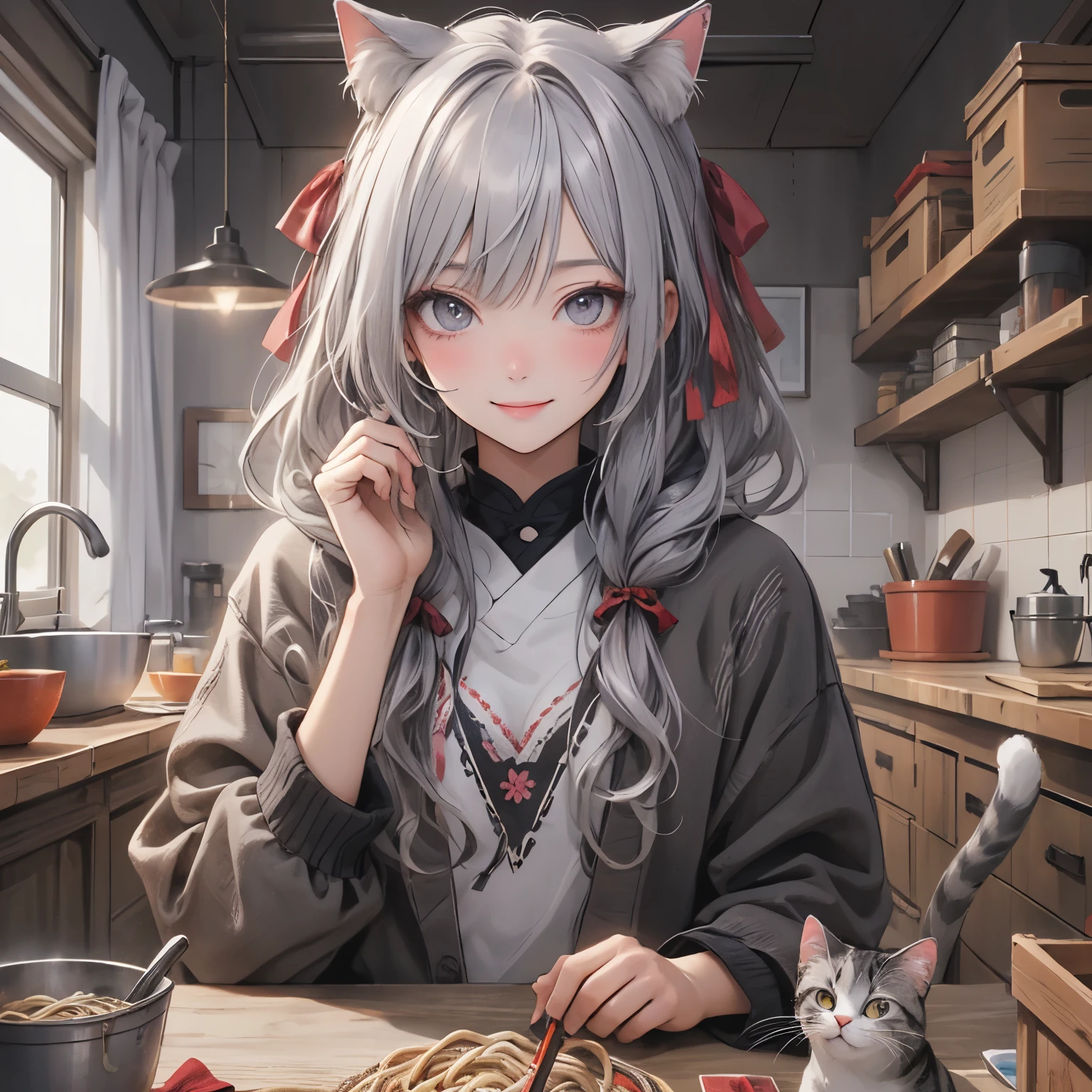 (masterpiece), Highest quality, Ultra-high resolution,Cat with grey ribbon、Grey colored hair、Gray eyes、Gray colored clotheaking soba noodles、Craftsman、smile