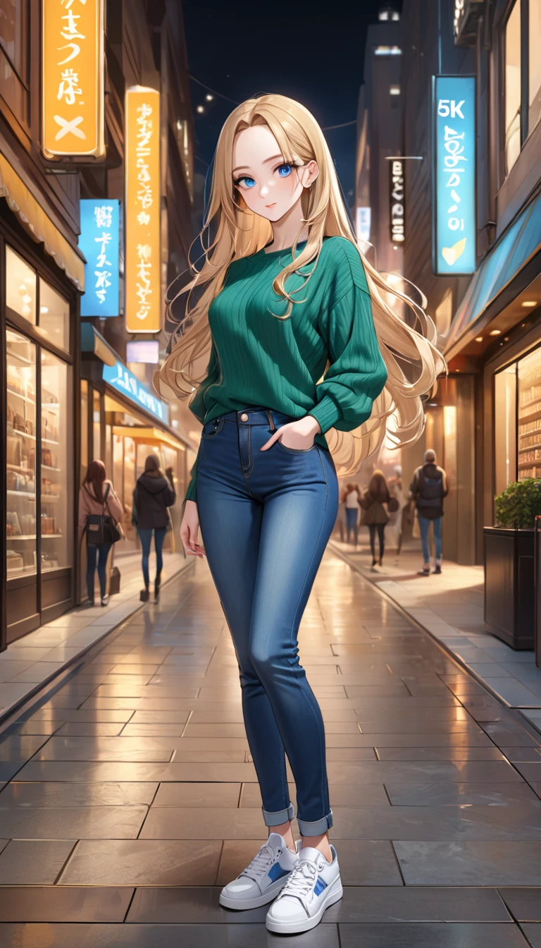((best quality, masterpiece:1.3, 8K)), (detailed), highly detailed face and skin texture, detailed eyes, downtown, full body, seductive pose, standing, slender body, 1girl, 25 years old, white skin, blue eyes, bright lips, seductive smile, blond hair, straight and sleek hair, long hair, (forehead:1.0), blue eyes, reading glasses, green sweater, jeans pants, skinny jeans, blue jeans, white sneakers, 