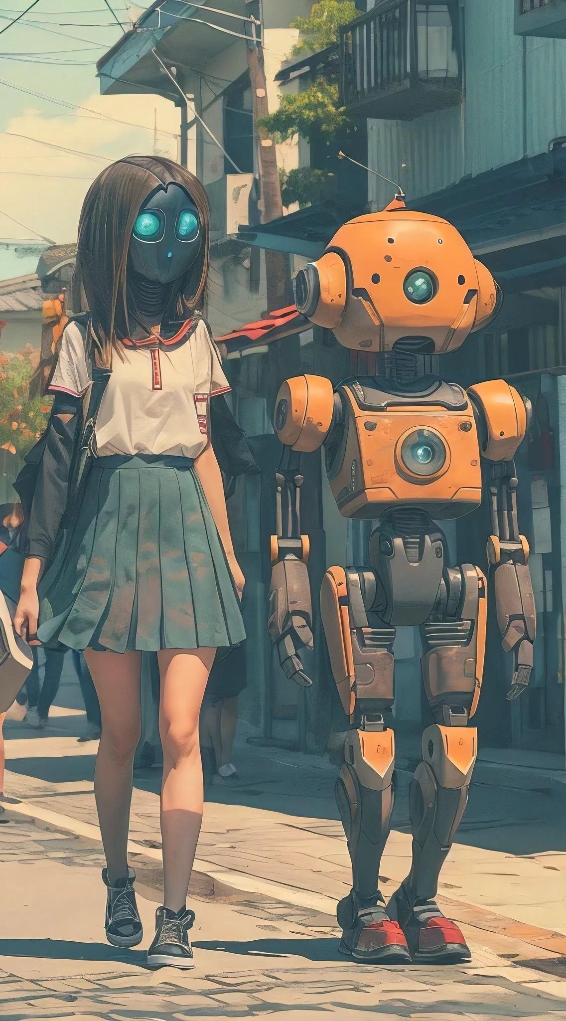 A picture of two robots walking to college class, one wearing a long skirt and one wearing a short skirt. Make it colorful.