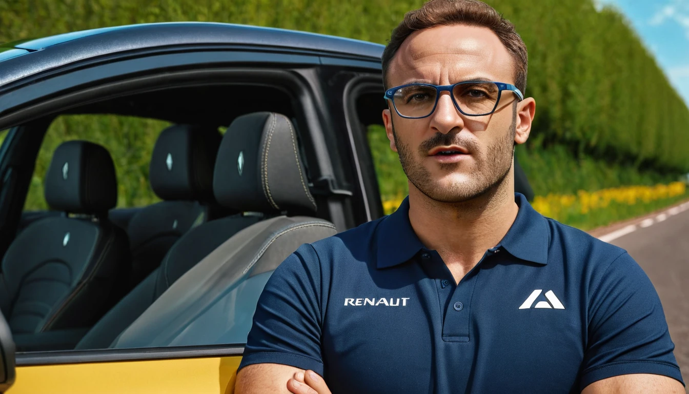 score_9, score_8_up, score_7_up, source_photo, photography, photorealistic, detailed, rating safe, front view, renault megane, driver is wearing glasses, looking at viewer, masterpiece, best quality, 8k,