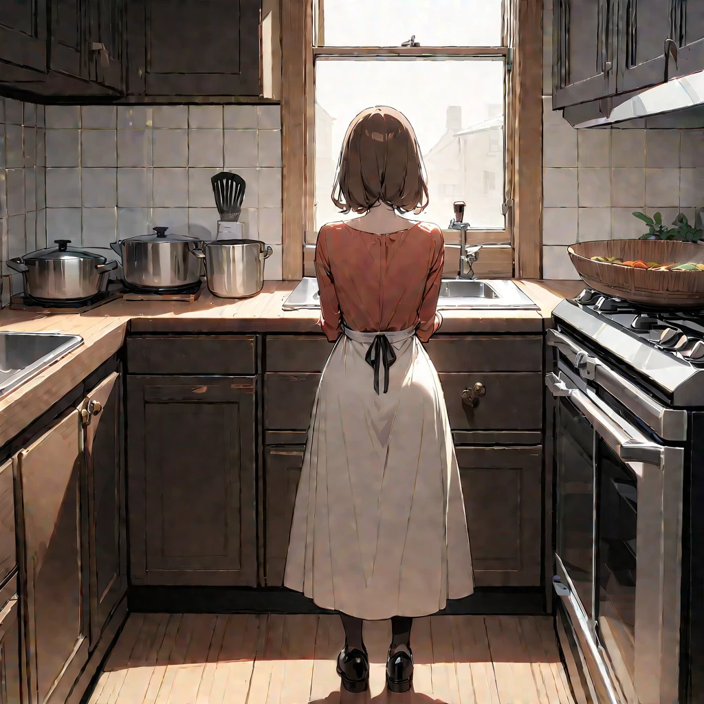 sole girl, housewife cooking in the kitchen, stand in front of the stove, turn her back on camera, full body, detailed background, detailed arms, long brown hair, high resolution, (symmetrical clear eyes:1.2), sense of depth, 16k, best quality, masterpiece, detailed illustration