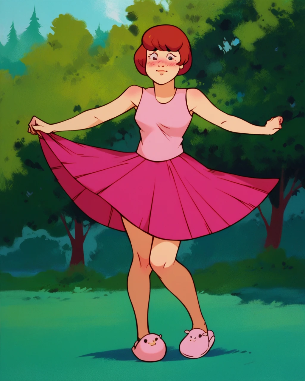 velmaXL, pink tutu dress, pink sleeveless top, white panties, shy, blushing cheeks, standing, posing, pink slippers, upskirt, solo, hands lifting up tutu, pantyflash