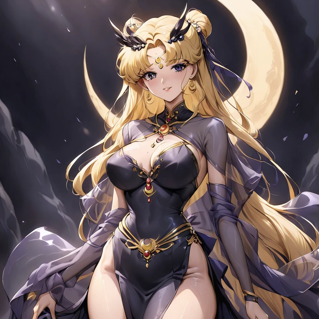 ((Highest quality)), ((masterpiece)), (detailed), (Perfect Face)、The woman has a black inverted crescent moon mark on her forehead, is a black, gorgeous, glittering, long-slit Chinese dress, a black veil, a black see-through cape, and is a dark queen wearing luxurious jeweled accessories.、The woman is Black Serenity, the noble dark queen of the Black Moon clan and has blonde hair.2The woman with long hair tied up is Princess Serenity