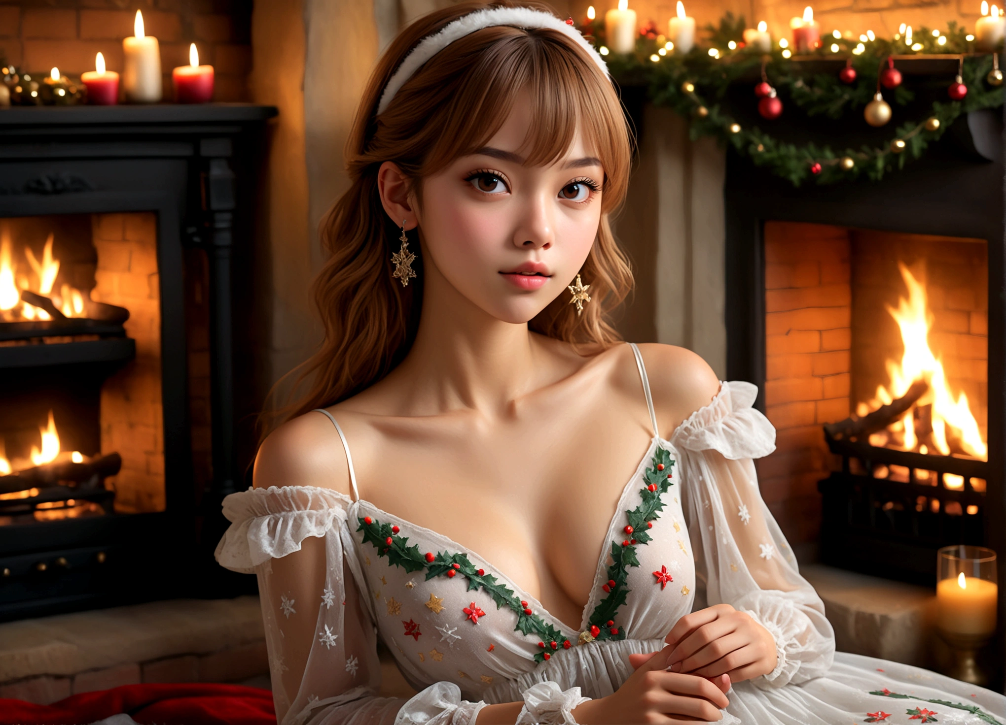 a beautiful young woman (Lalisa Manobal, age 25), wearing an airy sheer Christmas night gown (shoulders exposed, deeply plunging neckline) , nude except for night gown, her intimate areas partially exposed and very detailed, playing with a baby bunny by an old-fashioned fireplace with a roaring fire, Christmas scene (best quality, 4k, 8k, highres, masterpiece:1.2), ultra-detailed, (realistic, photorealistic, photo-realistic:1.37), HDR, UHD, studio lighting, ultra-fine painting, sharp focus, physically-based rendering, extreme detail description, professional, vivid colors, bokeh, portrait, figurative, intimate, sensual, cozy, Christmas, warm lighting, chiaroscuro (show her entire body, show all of her)