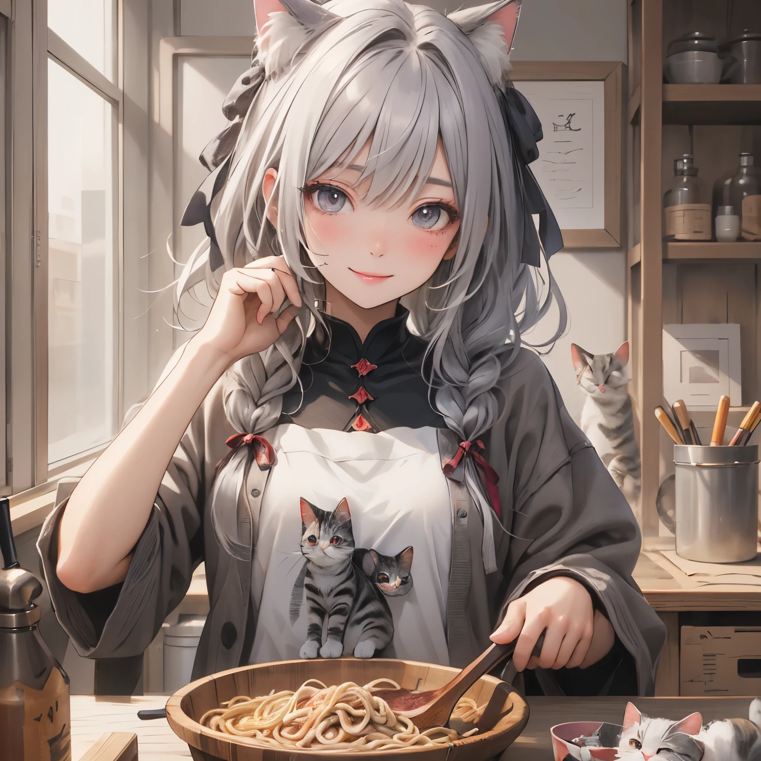 (masterpiece), Highest quality, Ultra-high resolution,Cat with grey ribbon、Grey colored hair、Gray eyes、Gray colored clotheaking soba noodles、Craftsman、smile