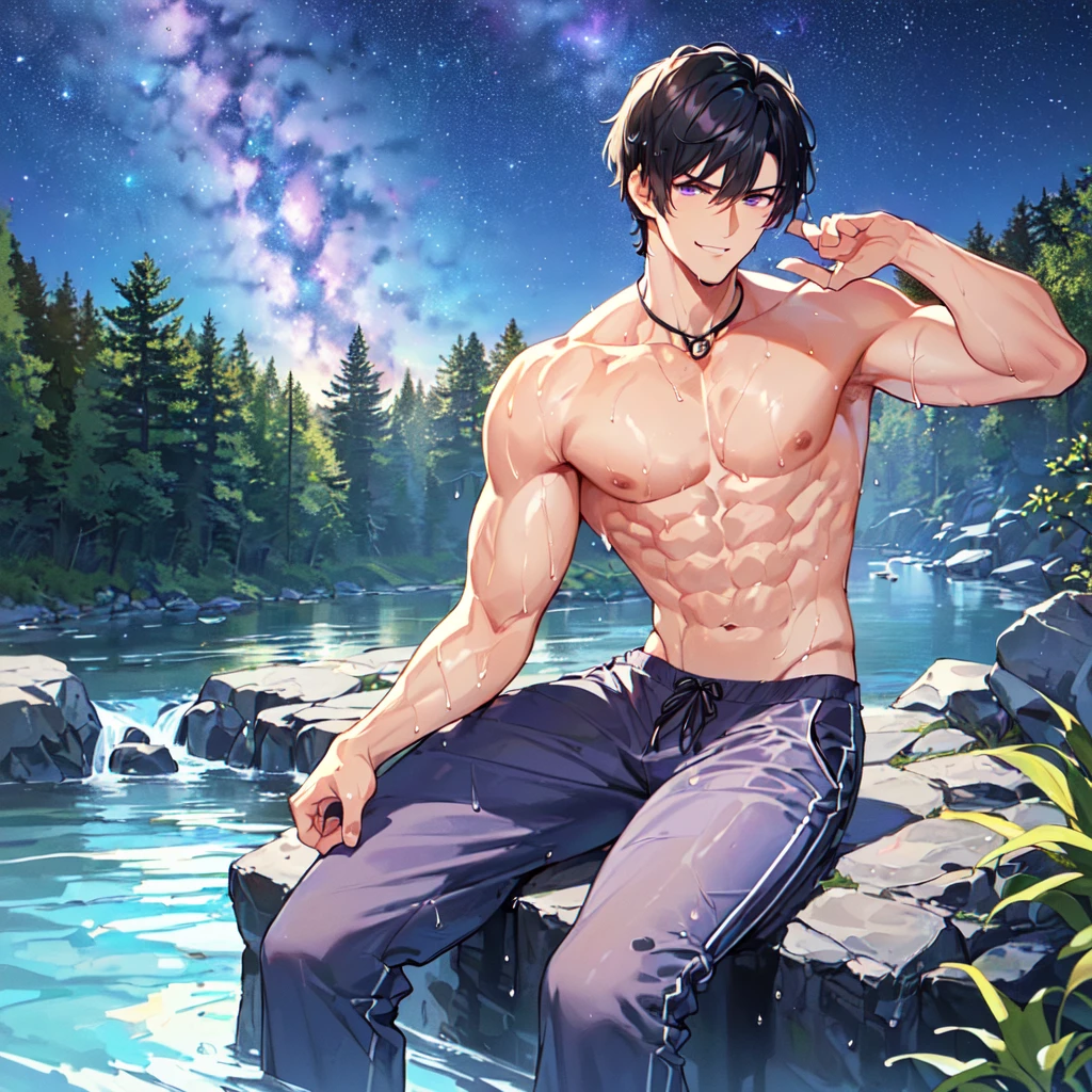 masterpiece,best quality,high quality,extremely detailed,(male austere handsome one solo adult age 30 years old:1.5),(purple eyes, cool with suspended eyes), body strong and fearless 8.5 head tall and 185cm tall,(well-groomed black hair short hair to neck:1.4), (bangs parted in thirds:1.4), (pectoral and rectus abdominis muscles:1.3), slender nose, facial muscles, (saltwater pants:1.3), (hand on neck:1.3), (scowling smile:1.3), (bathing and wet:1.3), (stylish pose), (seated:1.3), (hair in (background summer river and forest:1.3), (Milky Way Night Sky: 1.3)