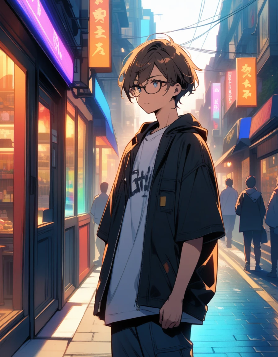 Highest quality, Create an anime-style illustration of a boy standing against a vibrant background, Bustling urban streets. He has been, Brown hair and glasses. His outfit、With a black oversized jacket、Underneath is a casual T-shirt.。, Somewhat neutral expression. In the background、Written in Japanese々I will draw a bustling cityscape with colorful signs.。, Colorful storefront, Overall a busy atmosphere. The colors are vivid、Make sure the overall mood of the scene is energetic and lively。.