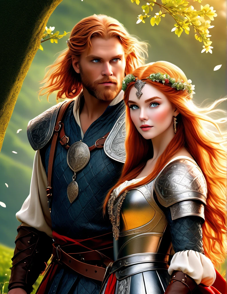 (masterpiece photo, ultra quality, high resolution, 8k, intricate: 1.2) photorealistic Epic mediaeval romantic fantasy book cover, in center full-BODY COUPLE. (spring) romantic fantasy in center beautiful long half-body LONG red-Hair warrior-viking, ultradetailed beautiful faces, and beautiful BLONDE lady in bright color french gown, proportional, tender, shimmering, ultradetailed beautiful faces, sun day, fairytale magic, mysterious, light complementary colorscheme, ultradetailed faces, ultradetailed eyes, wallpaper, detailed perspective background