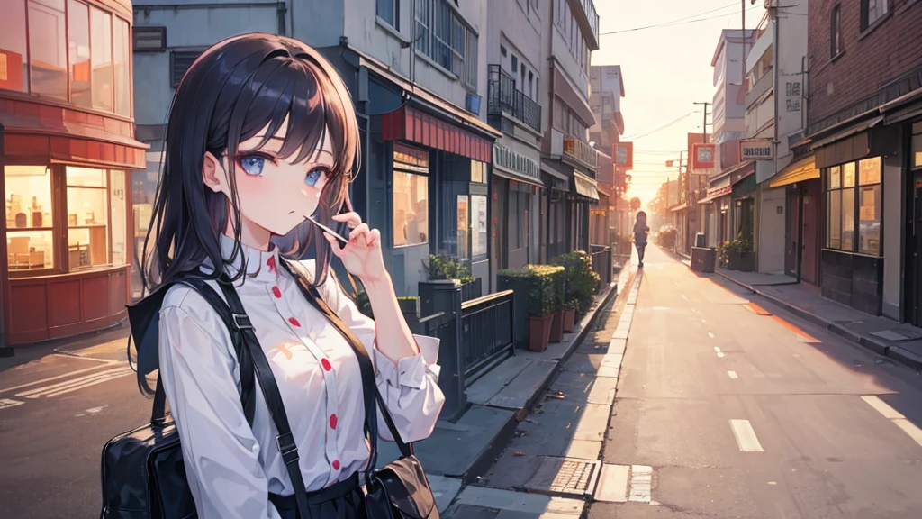 A woman with a beautiful face is smoking a cigarette。Smoking。I can see the sunset sky、A corner of the city