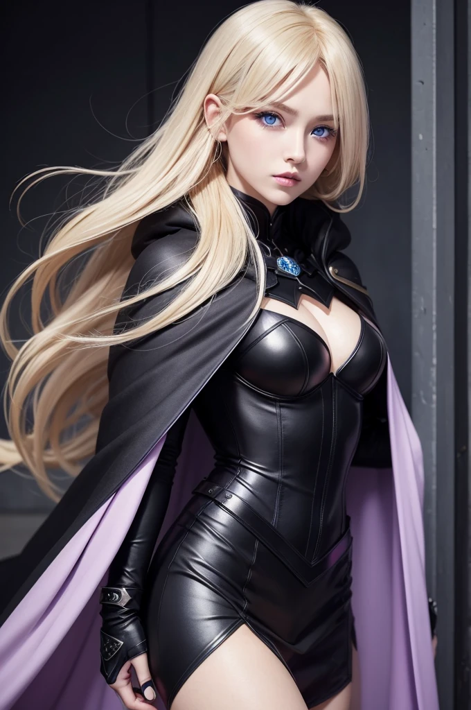 A fun character. She has violet color and blue eyes, Hair is blonde. She has a neutral expression on her face. She wears a black cape.