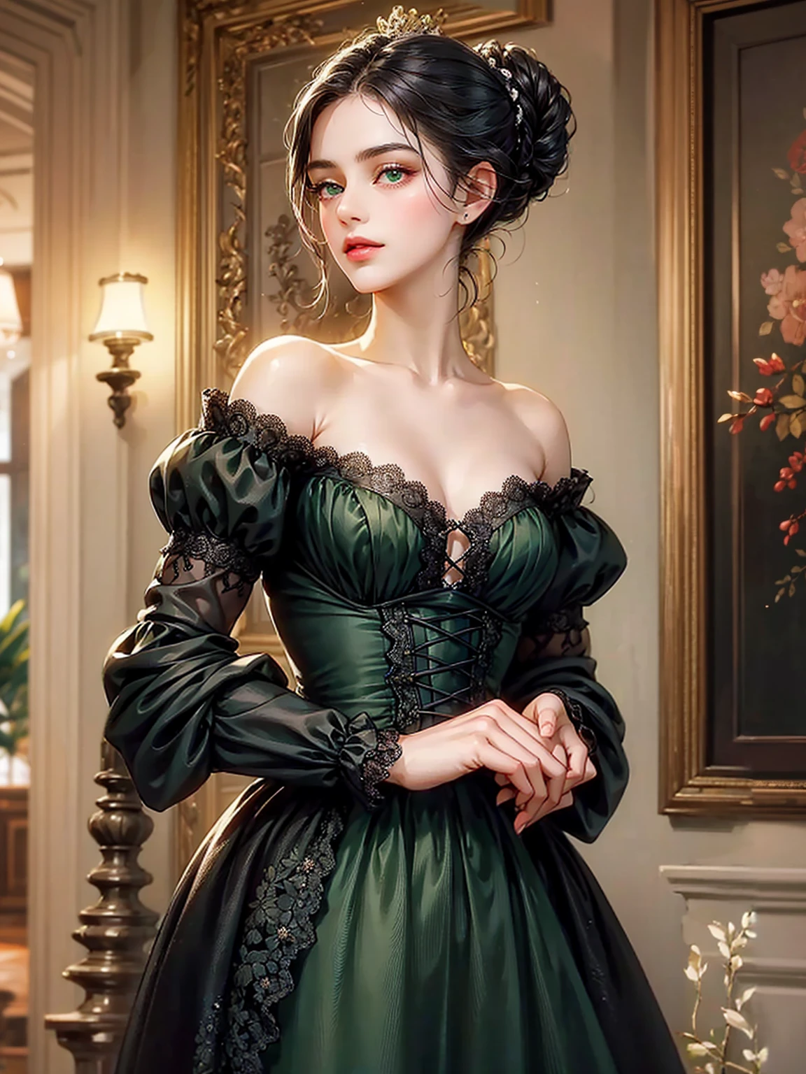 A girl, chignon black hair, small breast, green eyes. She wears a low-cut dress. She wears a pink dress from the Victorian era. Beautiful girl, detailed eyes, detailed face, detailed hands. She looks at the viewer. Full figure. Background inside of a hall