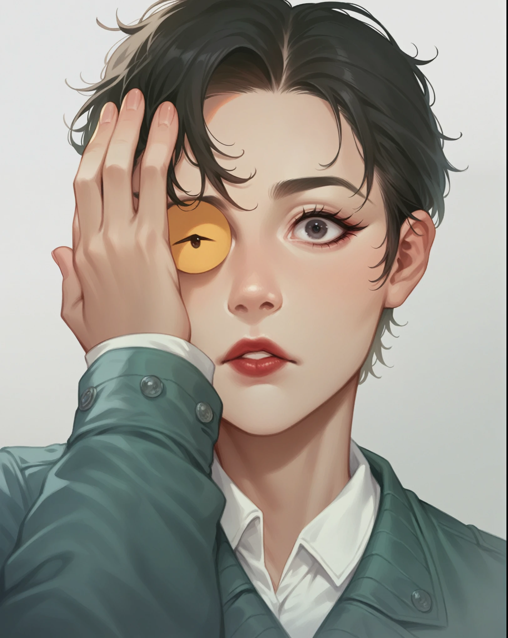 park Jimin,straight black hair,full and red lips,pale skin,large eyes,long eyelashes.