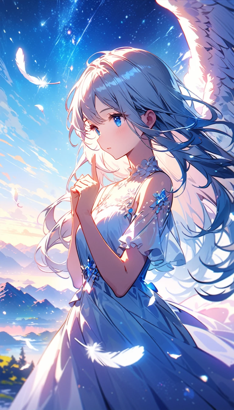 (best quality:1.2),(hands finger 5 digits:1.3),(extremely delicate and beautiful:1.3),(detailed ultra detailed:1.2),(scenery clear details:1.2),(scenery crystal clear :1.2),(solo),(blue eyes),(long white long hair),(white dress),(angel wings),(floating white feathers,starry sky),(clusters of stars,starry sky),(glinting stars),(solo),(long silver long hair),(best quality:1.2),(hands finger 5 digits:1.3),(extremely delicate and beautiful:1.3),(detailed ultra detailed:1.2),(scenery clear details:1.2),