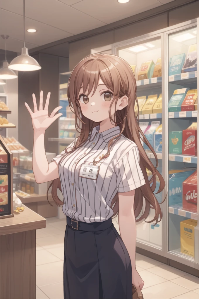 masterpiece, best quality, ultra-detailed, illustration,
konbini, scenery, shop, indoors, LAWSONU, employee uniform, uniform, shop, convenience store, uniform, realistic, employee uniform, striped shirt, smile, striped, food, 1boy, indoors, shirt, id card, vertical stripes, 1girl, holding, long hair black, name tag "la toxica", vertical-striped shirt, (:3:1)
medium breasts, brown eyes, brown eyes, waving
 [ponytail:0.5]