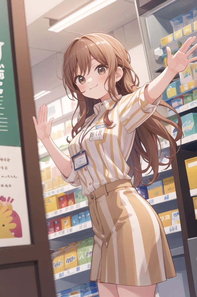 masterpiece, best quality, ultra-detailed, illustration,
konbini, scenery, shop, indoors, LAWSONU, employee uniform, uniform, shop, convenience store, uniform, realistic, employee uniform, striped shirt, smile, striped, food, 1boy, indoors, shirt, id card, vertical stripes, 1girl, holding, long hair black, name tag "la toxica", vertical-striped shirt, (:3:1)
medium breasts, brown eyes, brown eyes, waving
 [ponytail:0.5]