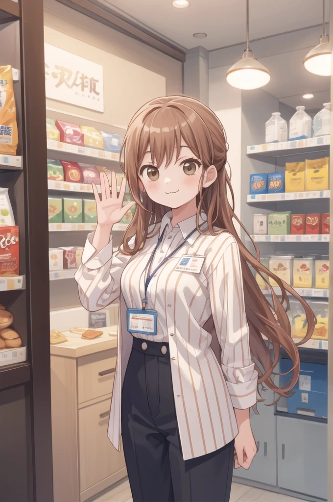 masterpiece, best quality, ultra-detailed, illustration,
konbini, scenery, shop, indoors, LAWSONU, employee uniform, uniform, shop, convenience store, uniform, realistic, employee uniform, striped shirt, smile, striped, food, 1boy, indoors, shirt, id card, vertical stripes, 1girl, holding, long hair black, name tag "la toxica", vertical-striped shirt, (:3:1)
medium breasts, brown eyes, brown eyes, waving
 [ponytail:0.5]