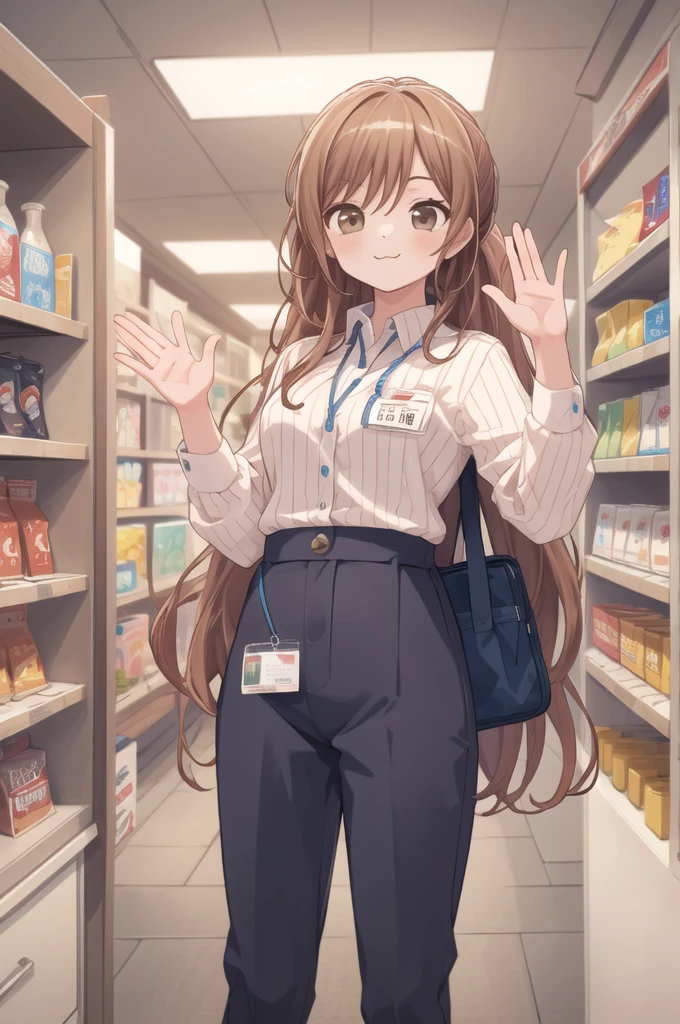 masterpiece, best quality, ultra-detailed, illustration,
konbini, scenery, shop, indoors, LAWSONU, employee uniform, uniform, shop, convenience store, uniform, realistic, employee uniform, striped shirt, smile, striped, food, 1boy, indoors, shirt, id card, vertical stripes, 1girl, holding, long hair black, name tag "la toxica", vertical-striped shirt, (:3:1)
medium breasts, brown eyes, brown eyes, waving
 [ponytail:0.5]