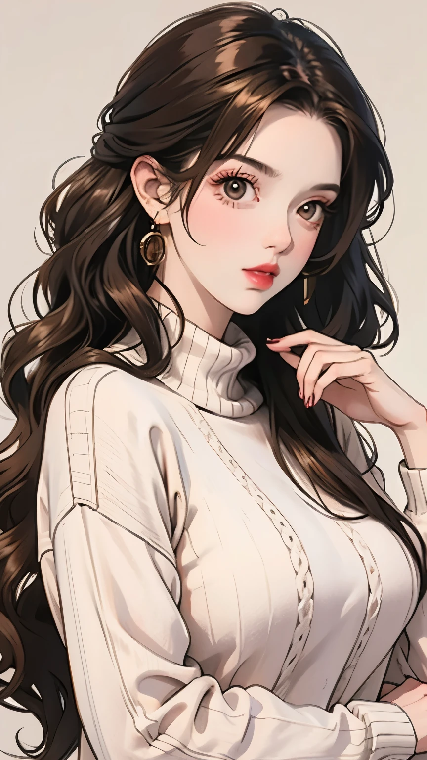 Girl, long brown hair, brown eyes, sharp features, white skin, pink lips, curly hair, perfect, sweater
