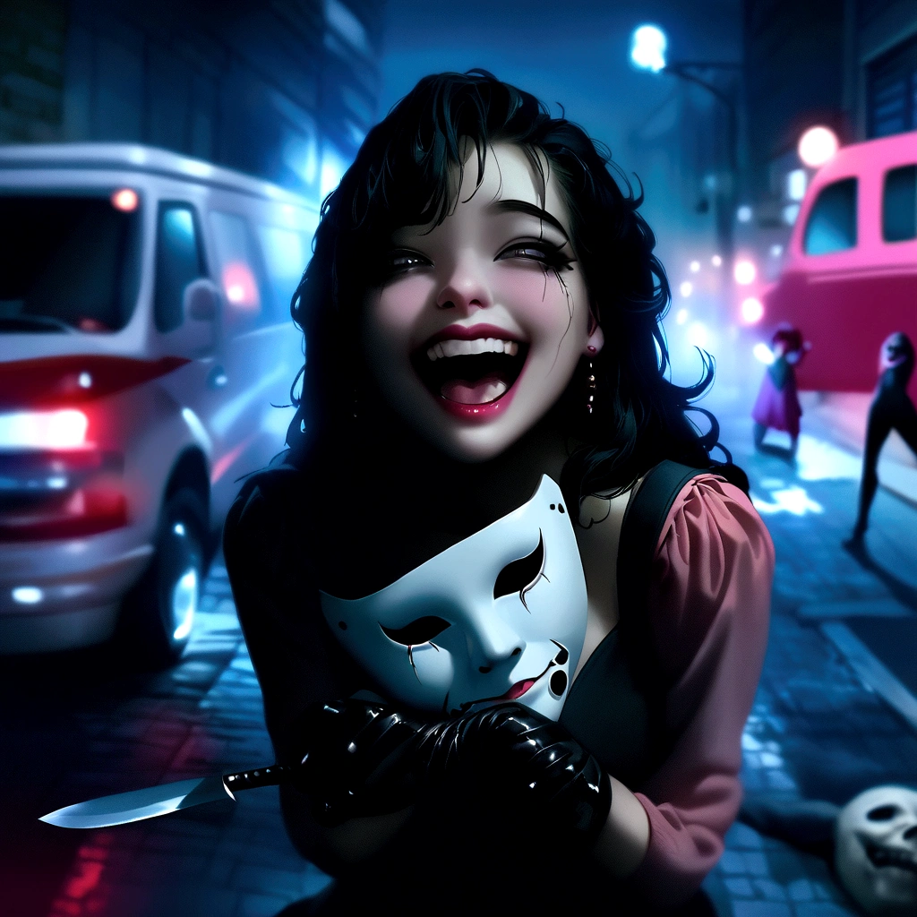 arafed woman with a white mask and a knife in a street, brandon woelfel, urban horror aesthetic, slasher smile, iu lee ji-eun as a super villain, horror dramatic moment, horror movie aesthetic, still from a live action movie, scene from live action movie, in an alleyway during the purge, still from the movie saw