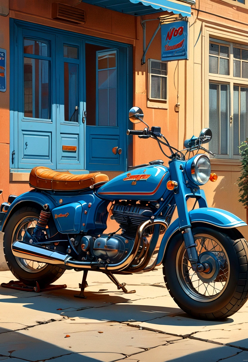 masterpiece, Highest quality, Highest quality, Very detailed, Plenty of HD details, sharp, Sole Light Style, 1980s, Detailed digitally illustrated vintage poster, Inspired by Rubin Bojan, A blue motorcycle is parked in front of the building., (((No humans))), High Contrast, Bright colors, vague, Warm colors 