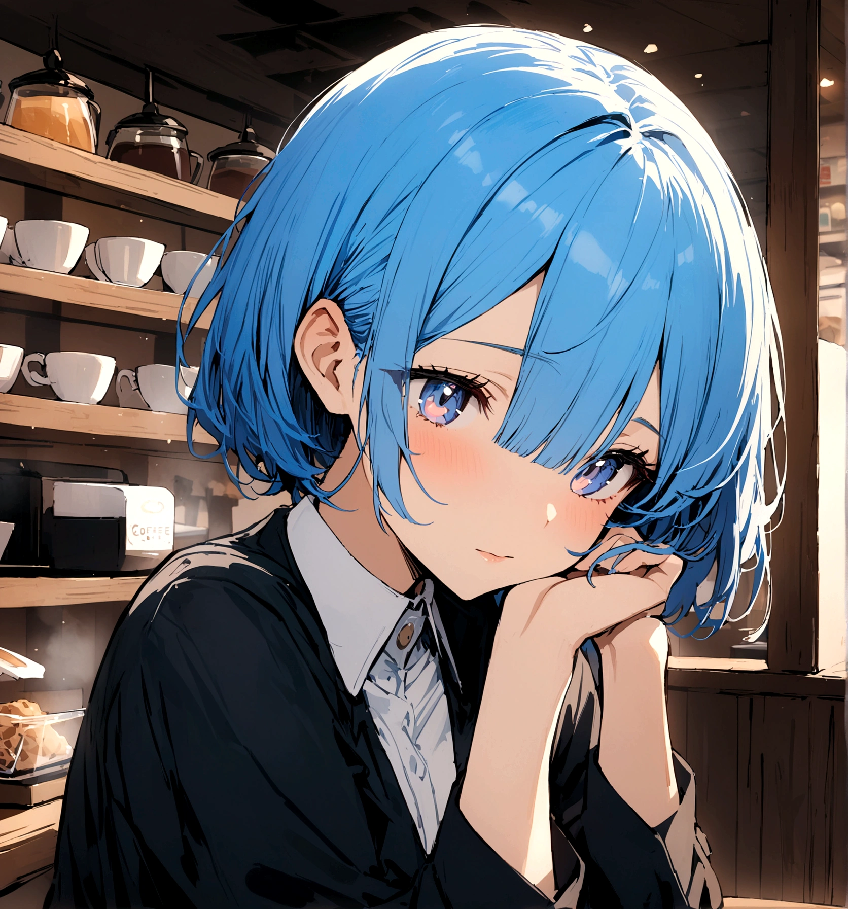 masterpiece, Highest quality, Rem, One Girl,,Beautiful Eyes,Blue Hair,Upper Body,Inside the coffee shop,White collar shirt