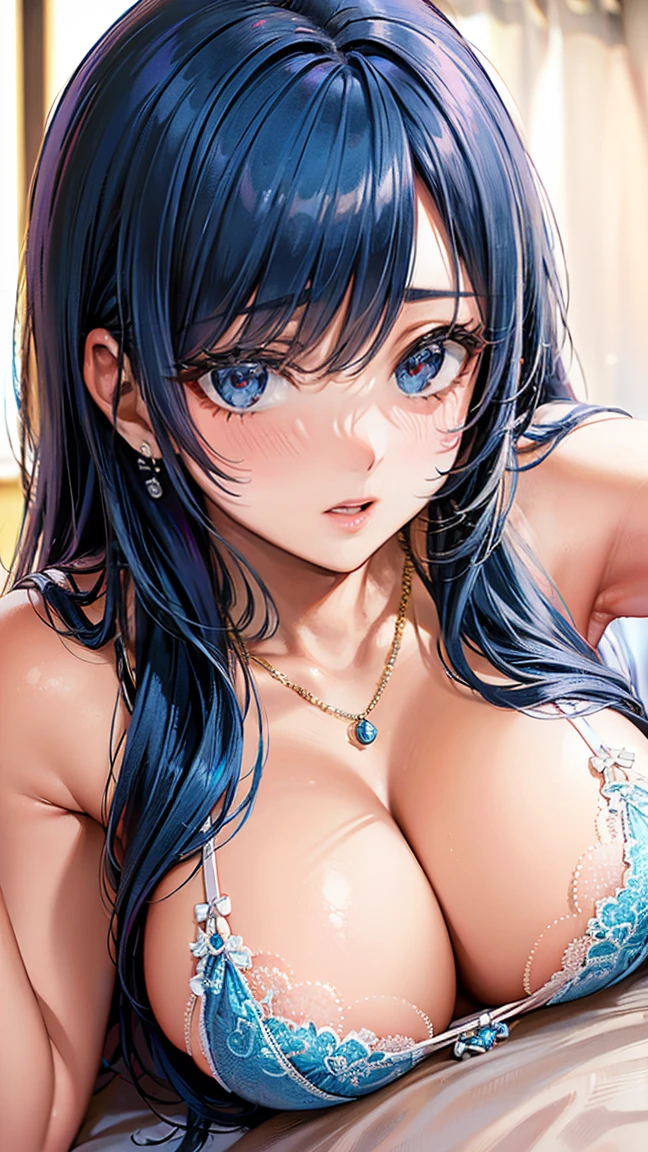 (masterpiece, Highest quality:1.3), (Super detailed:1.2), (hyperRealistic:1.3), (RAW Photos:1.2), High-definition RAW color photos, Professional photos, (PhotoRealistic:1.4), (Realistic:1.4), Professional Lighting, Perfect Anatomy, (Big Breasts:1.2), (blush, Detailed face), (Bright smile:1.5), (Blue Hair:1.5), Trending Hair&Trending Hairカラーをランダムに, Earrings, necklace, bracelet, Sexy, erotic Sexy, Random sexy gravure poses, (Beautiful woman in a see-through red negligee、A seductive smile on the bed。Long Hair、Sexy pose lying down with one elbow raised。: 1.3)