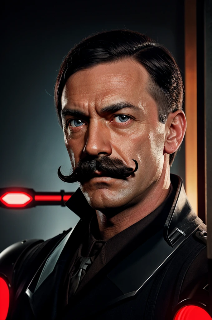 Hitler with red glowing eyes and a one robot arm touching his moustache