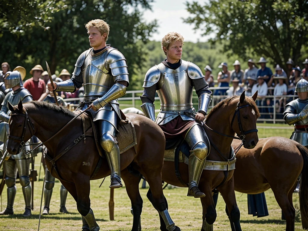 Christopher Egan as a handsome medieval knight, 23 years old, in armor without a helmet. He holds a spear in his hand, sits on a horse. He is participating in a tournament, in the stands spectators in medieval clothes admire him