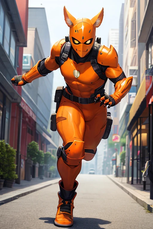 ((best quality)), ((masterpiece)), (detailed), 1 male, full body, 54 years old, senior citizen, masked, orange mask covering half of his face, spiked mask, evil smile, orange headphones with goblin ears, glasses, somewhat long white hair coming out of the top, face, brown neck, tall, thin, hunched over, long claws, spikes on his forearms, brown details, brown fingerless gloves, orange wrist guards, orange nanotech suit resembling light armor, orange chest piece with an emblem, shoulder pads, orange suit with brown stripes, triangle emblem on his chest, orange emblem, orange pants, orange knee pads, metallic orange boots, metallic orange shoes, brown superhero belt, running through the city, city background, anime