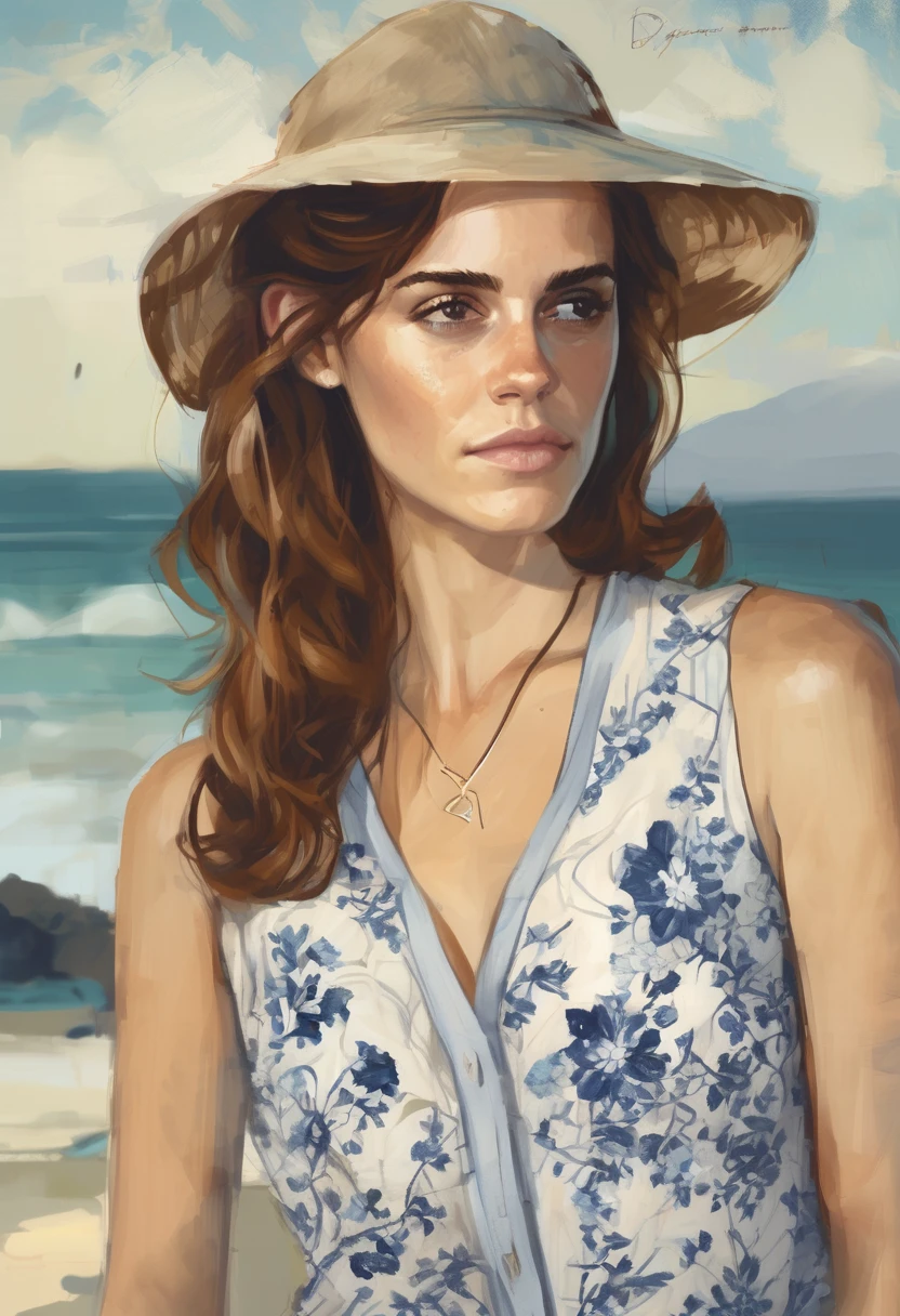 Emma Watson , portrait of a sexy woman with full, curly hair and fair, freckled skin. She has light-colored eyes and wears minimal makeup. Her expression is serene and self-assured. She is dressed in a blue and white floral V-neck dress. The setting suggests a beach atmosphere, with soft natural light enhancing her features.
