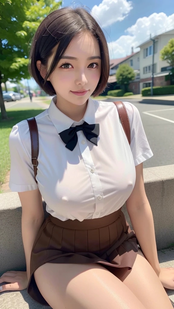 1 girl, (8k, RAW photo, best quality, masterpiece: 1.2), Nipples .My clothes are very wet .underwear Wet(realistic, photo-realistic: 1.37), ultra-detailed, beautiful, solo, beautiful detailed sky, detailed coffee, night, sitting, (flushed nose), (smile: 1.1), medium breasts, beautiful detailed eyes, long brown hair, (collared shirt: 1.1), bow tie, pleated skirt, (short hair: 1.2), long hair, taking big ice cream,