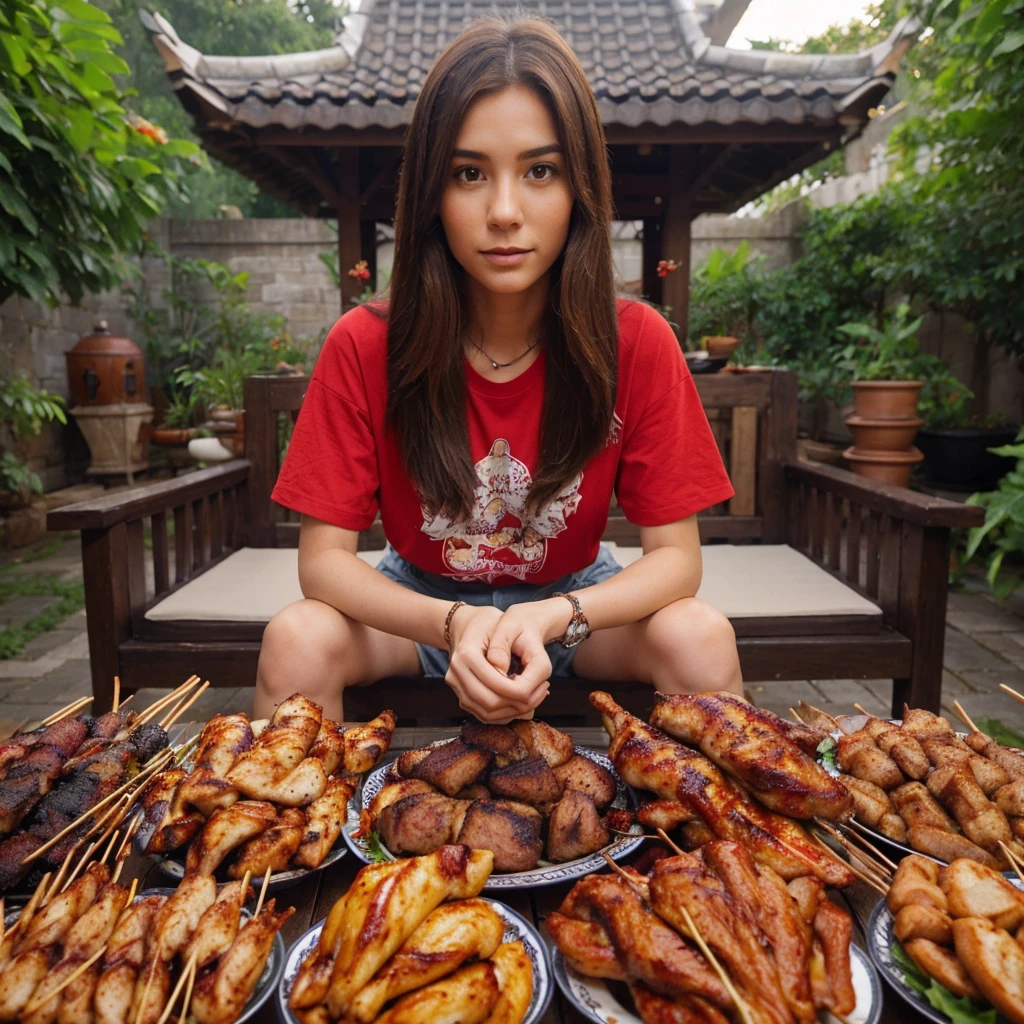real potrait, Longshot, a woman with long hair wearing a red t-shirt, is eating food, live scene, in front of him there was a lot of food from grilled meat and grilled chicken, his mouth was eating food, The left hand holds the chicken thigh and the right hand the chicken thigh, a courtyard garden is the background, there is a gazebo behind it, daytime atmosphere, intricate details