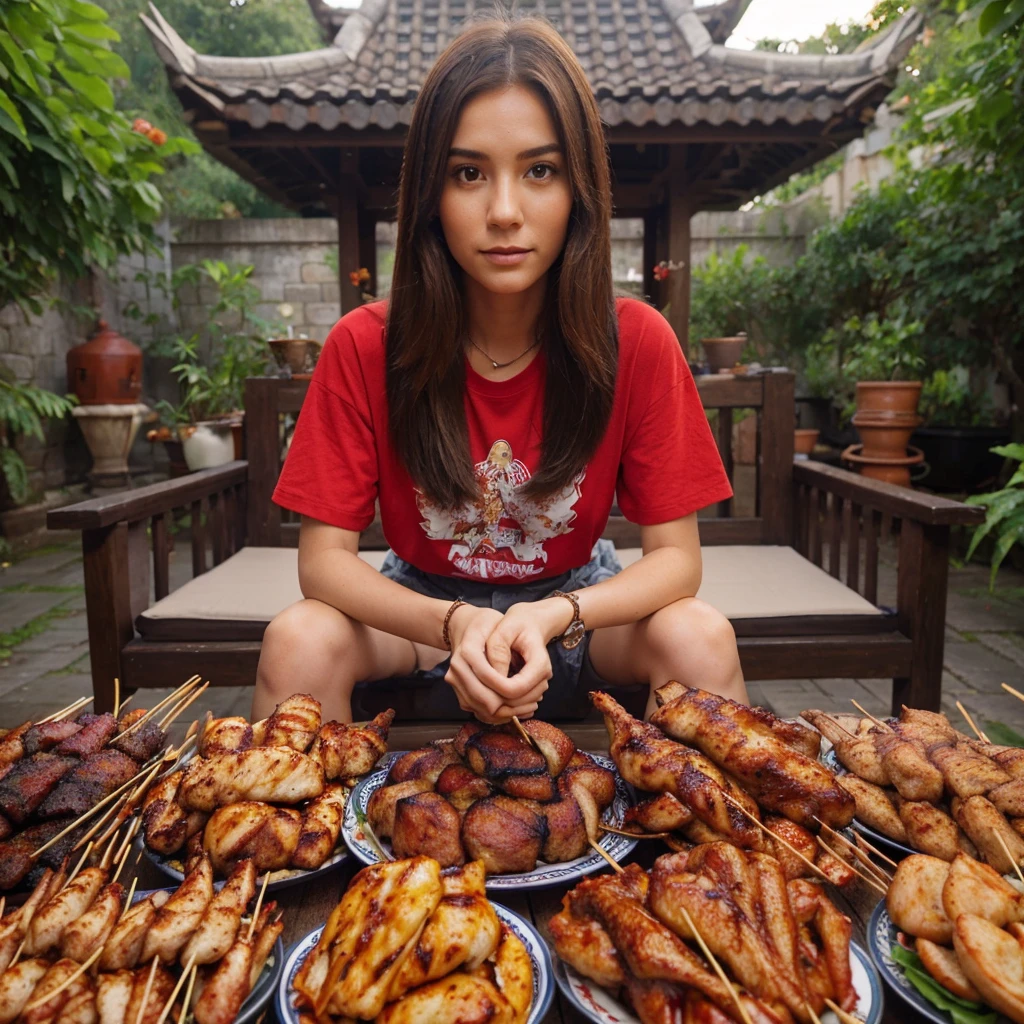 real potrait, Longshot, a woman with long hair wearing a red t-shirt, is eating food, live scene, in front of him there was a lot of food from grilled meat and grilled chicken, his mouth was eating food, The left hand holds the chicken thigh and the right hand the chicken thigh, a courtyard garden is the background, there is a gazebo behind it, daytime atmosphere, intricate details