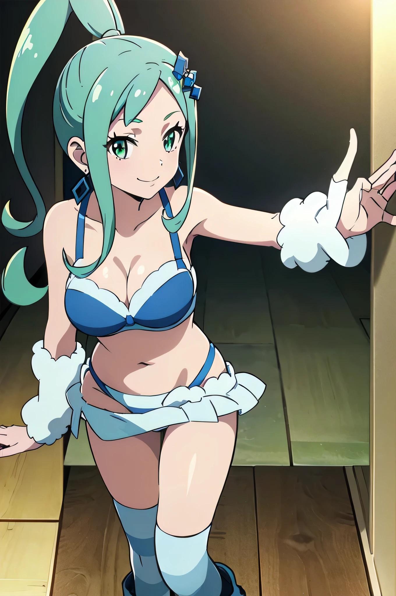 list、Green Hair.There is a blue gradient、Long Hair、Asymmetrical Hair、Side Lock、hair ornaments、Green eyes with a blue gradient、Earrings、Light Blue Bra、light blue panty、Big Breasts、cleavage、girl with big breasts、(Knee socks:1.4)、Striped、boots、Game Girls、solo、bra with an light blue、panty with an light blue、Upper Body、In-person audience、bra and panty only、View your viewers、Are standing、smile、